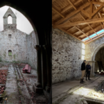 Imagen de la ermita de Cintul antes de la rehabilitación (izq) y después (drch) | Foto: Hispania Nostra