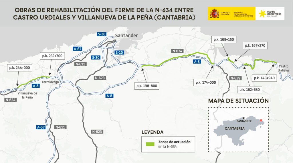 Obras de rehabilitación del firme de la carretera N-634 en Cantabria.