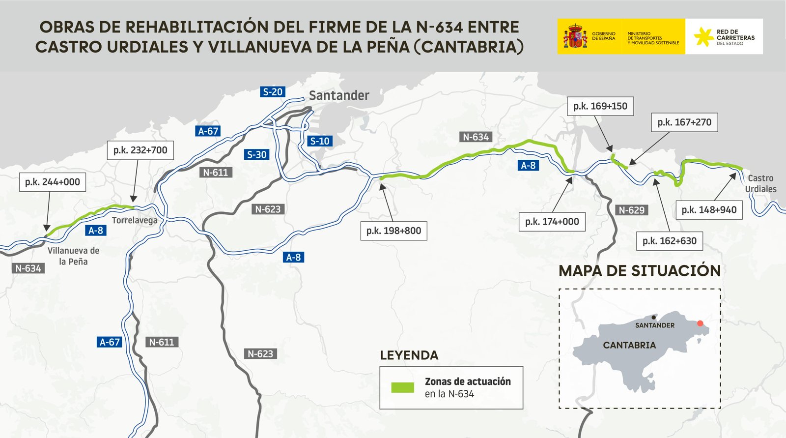 Obras de rehabilitación del firme de la carretera N-634 en Cantabria.