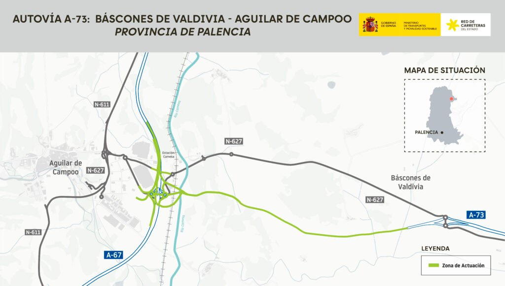 Mapa del trazado de la autovía A-73 entre Báscones de Valdivia y Aguilar de Campoo.