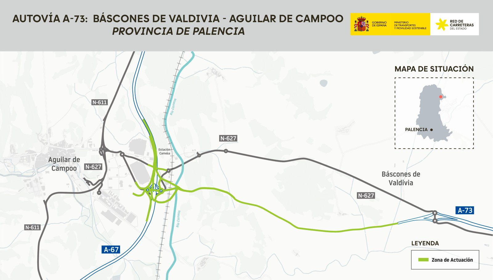 Mapa del trazado de la autovía A-73 entre Báscones de Valdivia y Aguilar de Campoo.