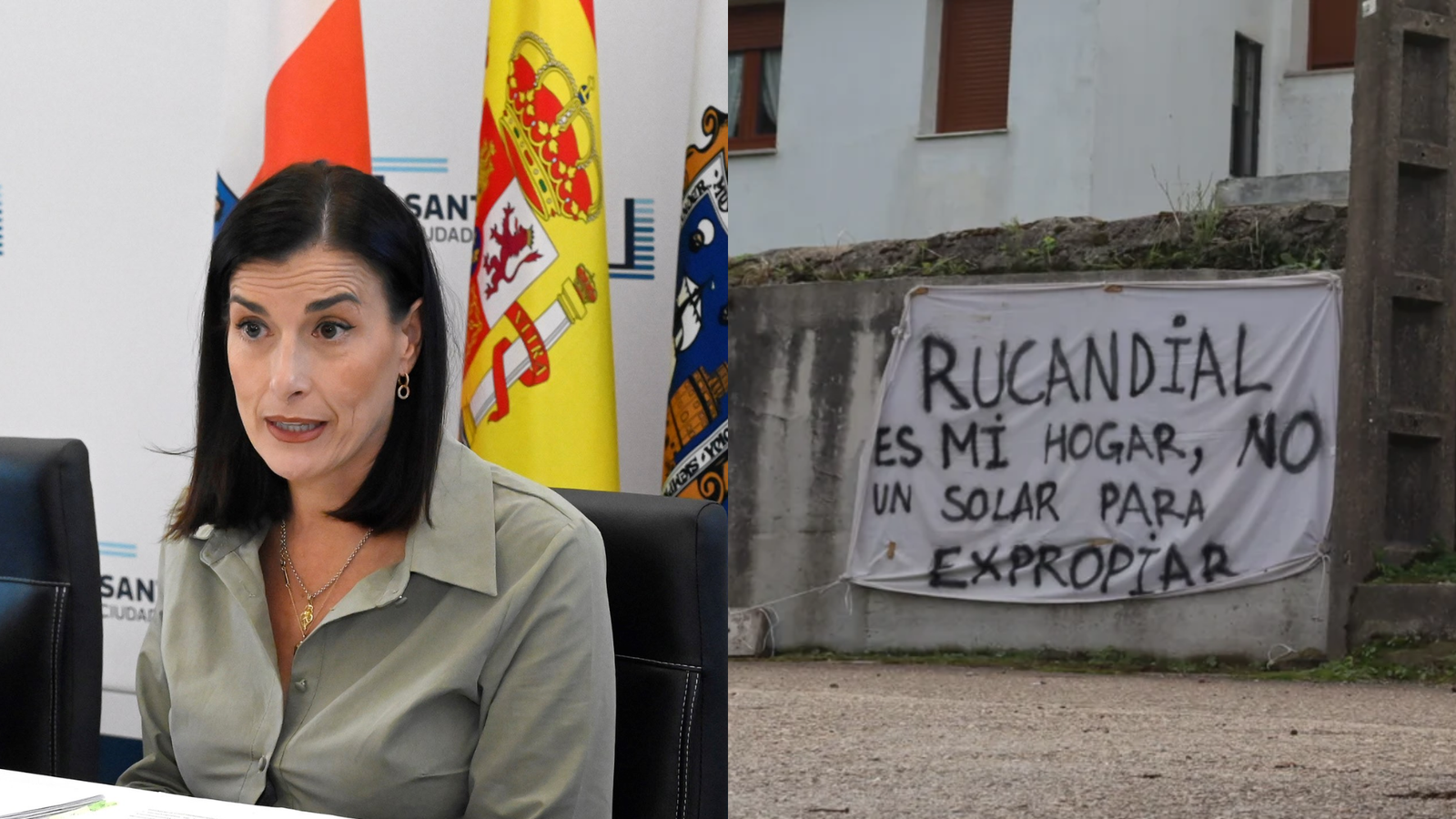 Gema Igual en la mitad izquierda de la imagen y una pancarta de protesta contra el PSIR Bosques de Santander en Rucandial en la mitad derecha.