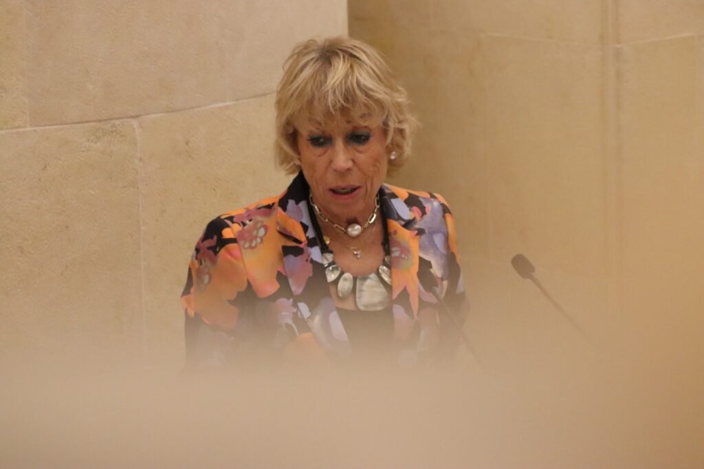 Natividad Pérez Salazar, diputada de Vox, interviene desde la tribuna del Parlamento de Cantabria.