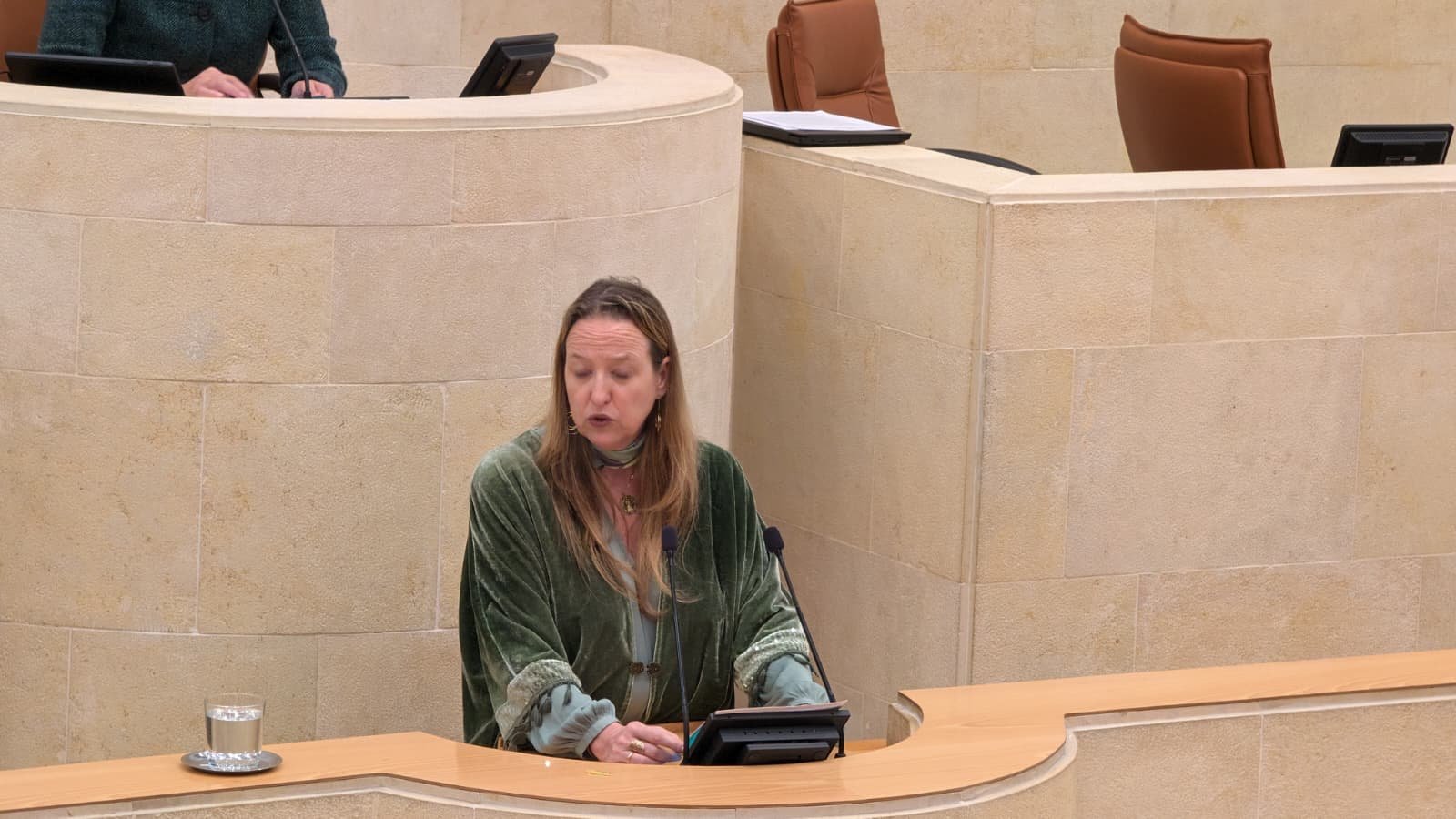 Leticia Díaz, portavoz de Vox en Cantabria, interviene desde la tribuna del Parlamento durante el debate sobre la flexibilización de las campañas de saneamiento ganadero.